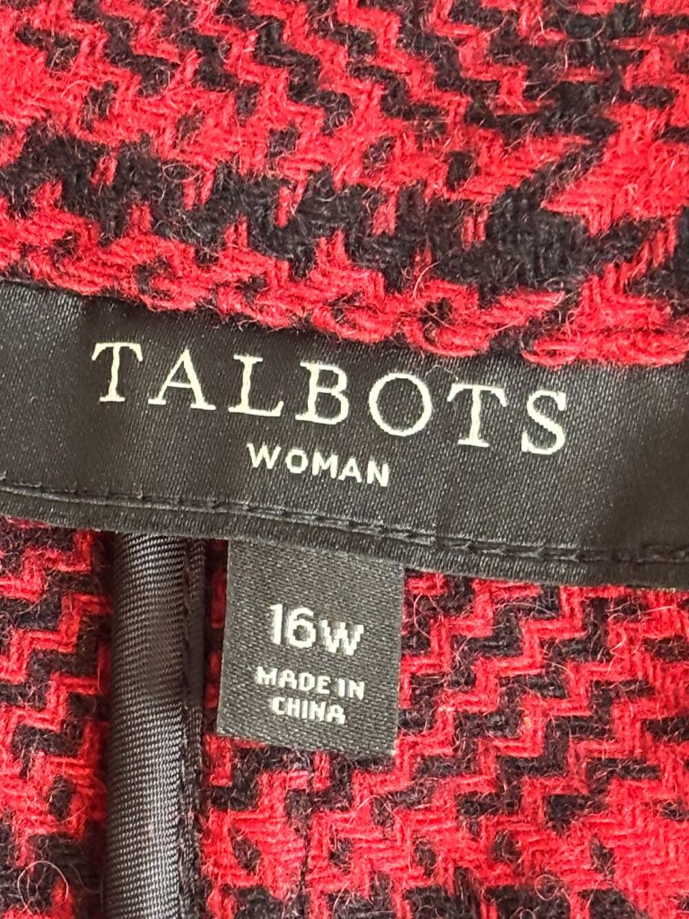 Talbots Woman 16W Red Black Houndstooth Wool Blend Convertible Collar Blazer - Picture 3 of 16